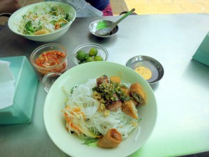 Bún thịt nướng with pork spring rolls; Can Tho