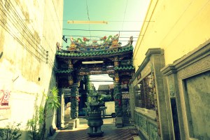 After passing under an elaborate gate, you walk down a long alleyway overshadowed by construction before you get to this second gate for the Shrine of the Serene Light