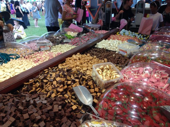 We took shelter under the sweets tent when the rain started; not a bad way to pass the time