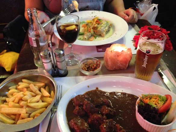 Frites and Belgian beef stew (there was mayo too, didn't make it in the shot--and yes, we had frites properly in paper cones too, but never took a photo)
